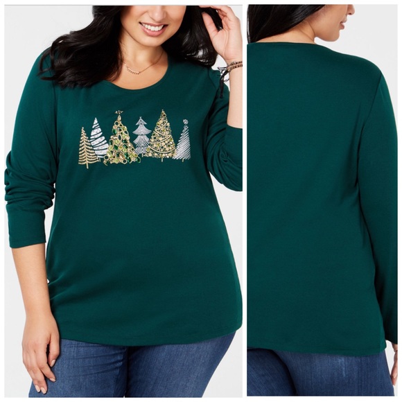 0X 2X Green Rhinestone Christmas Tree Holiday Xmas Top Plus Size - Picture 1 of 6